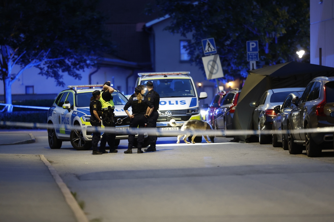 Polis på plats i stadsdelen Kvarngärdet i Uppsala efter dödsskjutningen på söndagskvällen. Foto: Stefan Jerrevång/TT