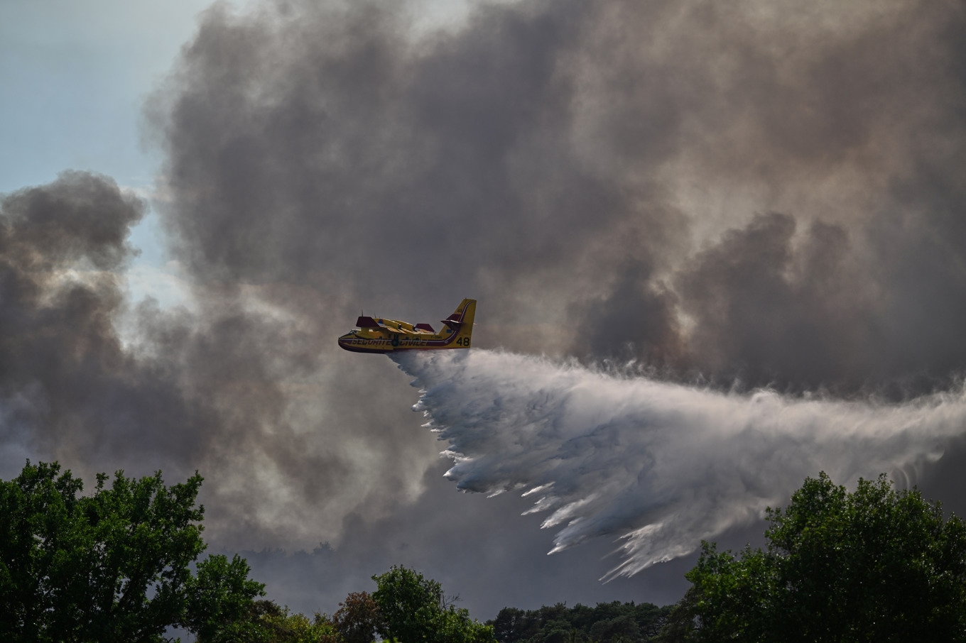 Brandbekämpningsflyg arbetar med att släcka den storbrand som under flera dygn härjat i Fontainebleauskogen, söder om Paris. Bilden är från måndagen. Foto: Emma Da Silva/AP/TT