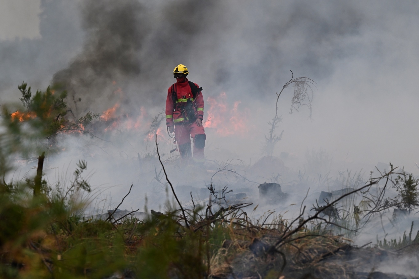 Brandmän arbetar med att bekämpa en av bränderna utanför Bordeaux i sydvästra Frankrike. Foto: Emma Da Silva/AP/TT