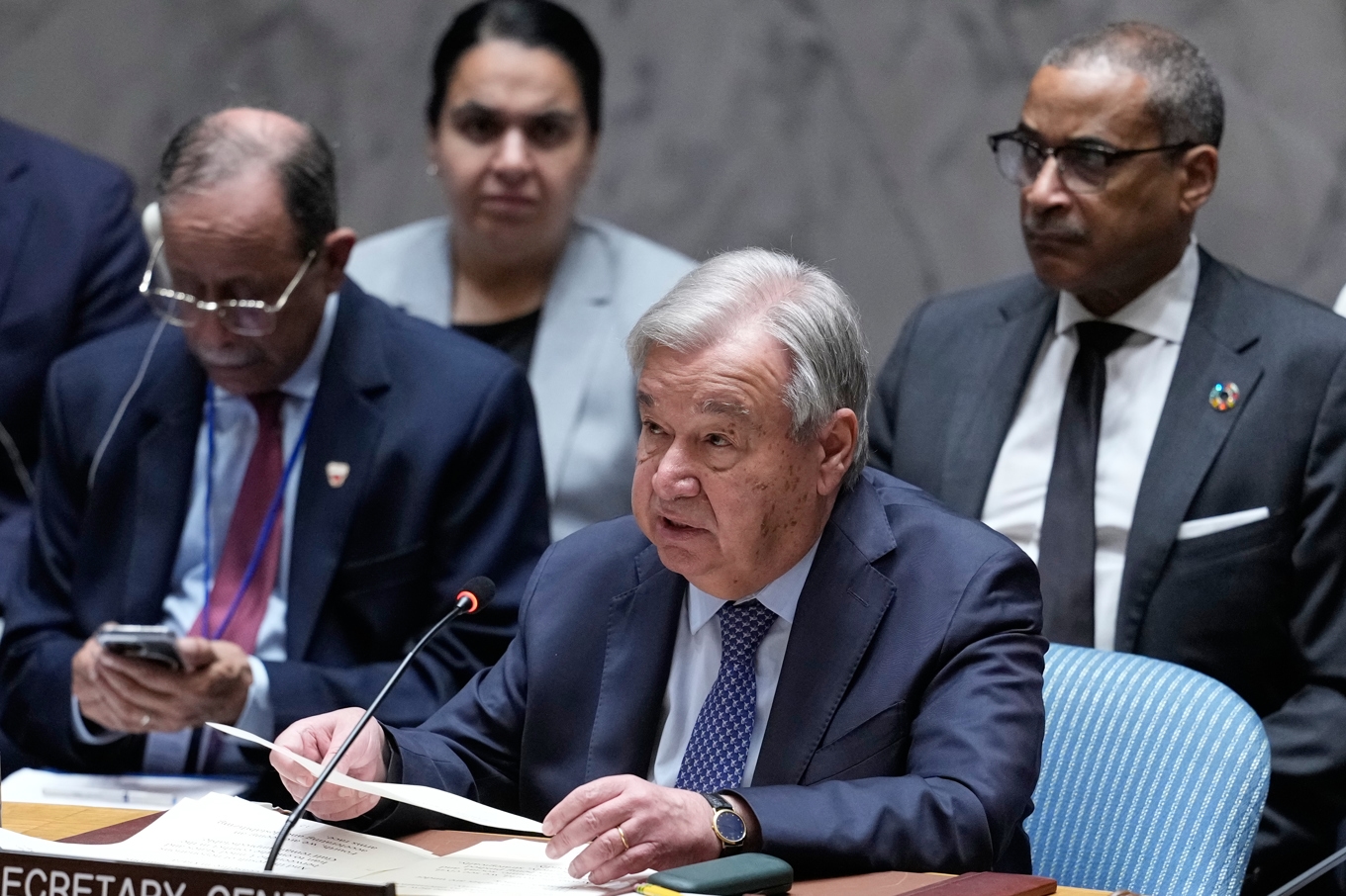 FN:s avgående generalsekreterare António Guterres vid ett säkerhetsrådsmöte i maj. Foto: Seth Wenig/AP/TT