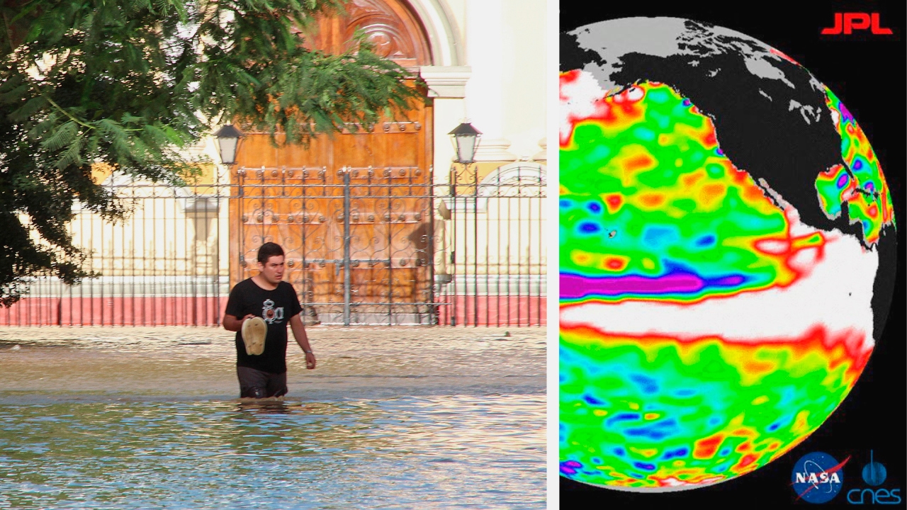 Vid en El Niño värms östra Stilla havet (vitt på kartan t.h.), och Peru får mycket regn (t.v.). Foto: Patricia Lachira/AFP/Getty Images/AFP/Nasa/Getty Images