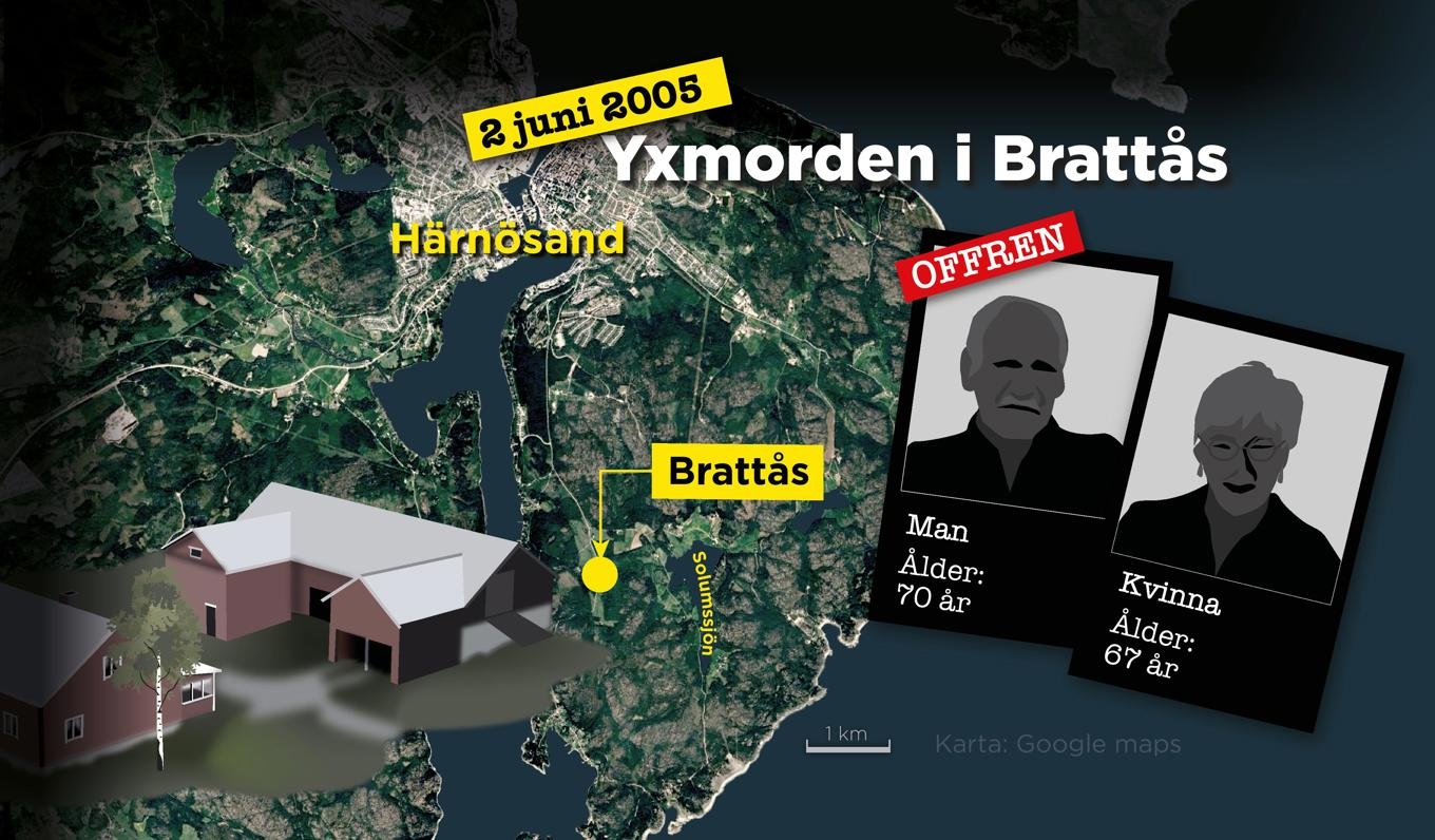 Den 2 juni 2005 hittas en man och en kvinna i 70-årsåldern mördade med en yxa på gården i Brattås utanför Härnösand. Foto: Anna-Lena Lindqvist/TT