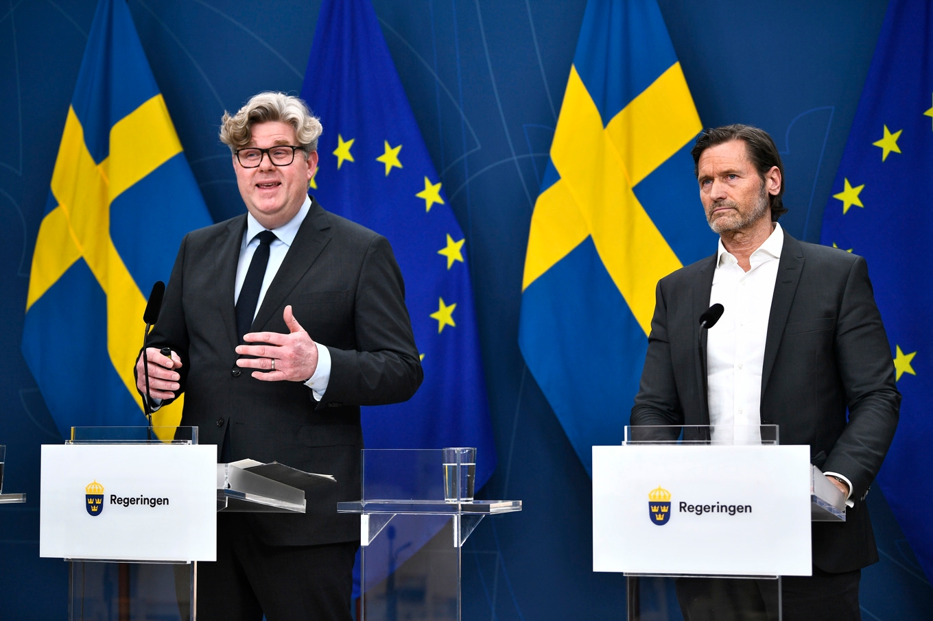 Justitieminister Gunnar Strömmer och Martin Melin (L) under en pressträff i våras. Foto: Lars Schröder/TT