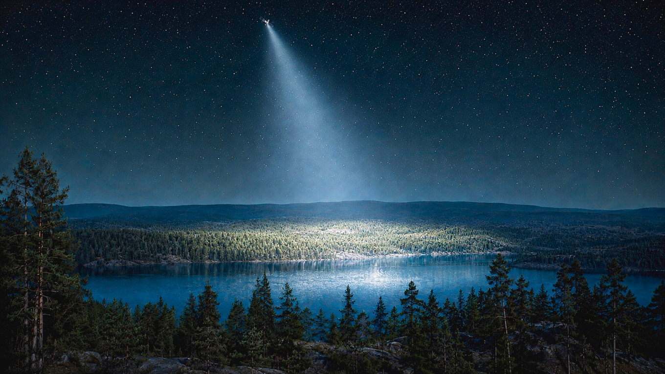 Illustration av hur en Eärendilsatellit lyser upp ett skogslandskap. Illustration: Gunnar Sporrong m.h.a. OpenAI