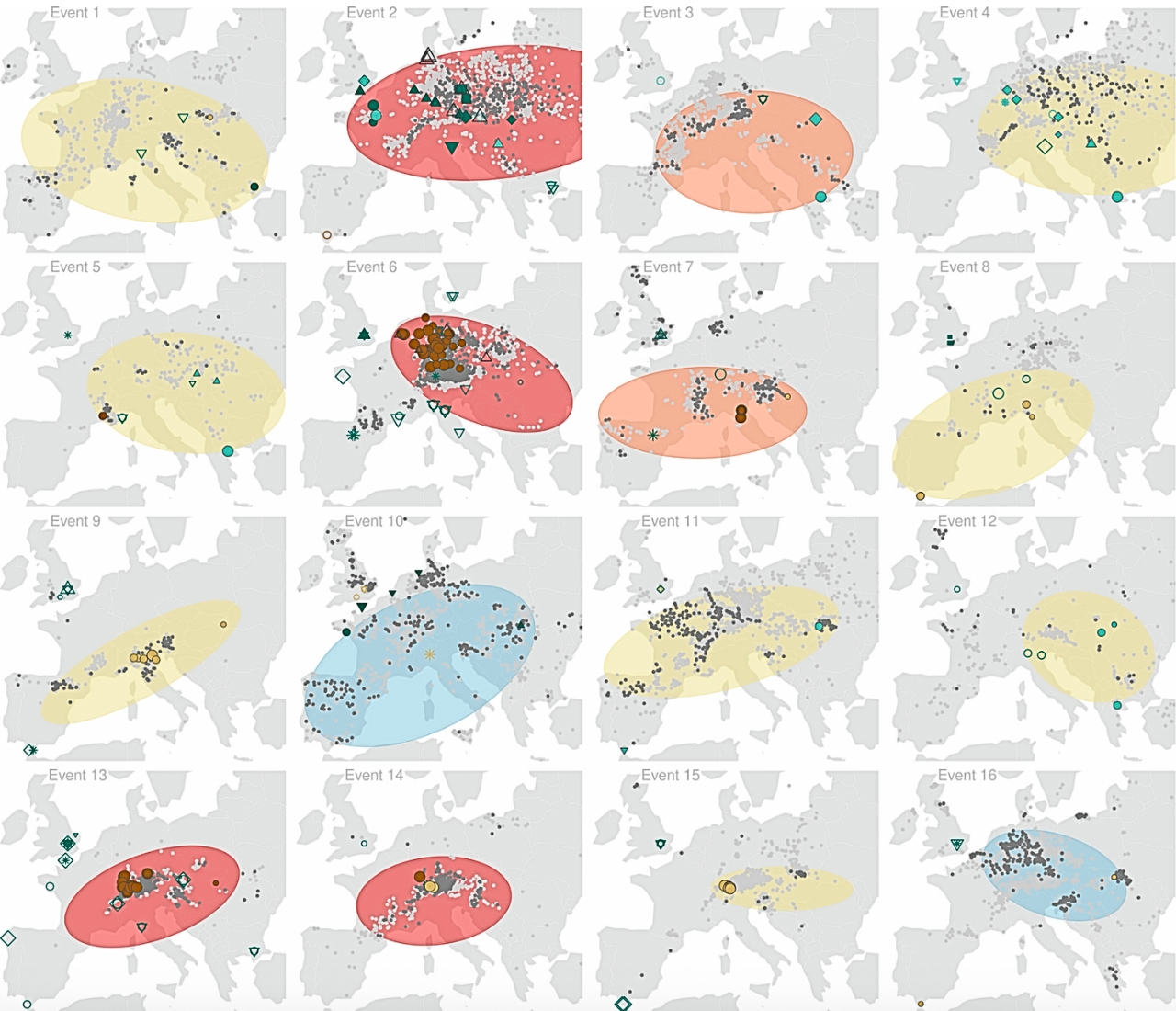 Ny forskning visar att hela 16 översvämningar drabbade olika delar av Europa under mindre än två år mellan november 1341 och oktober 1343. Grafik: Nature/”Cascading continental-scale floods across Europe in 1342–1343”