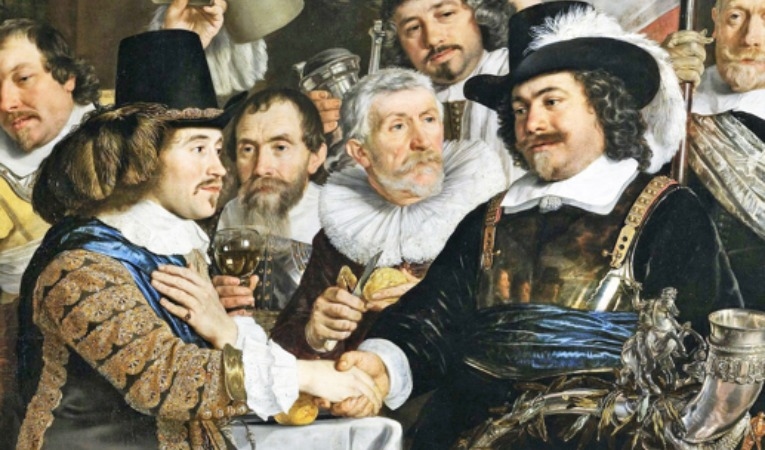 Detalj av målningen med Johan van Waveren och Cornelis Jan Witsen som skakar hand. Foto: Wikimedia Commons