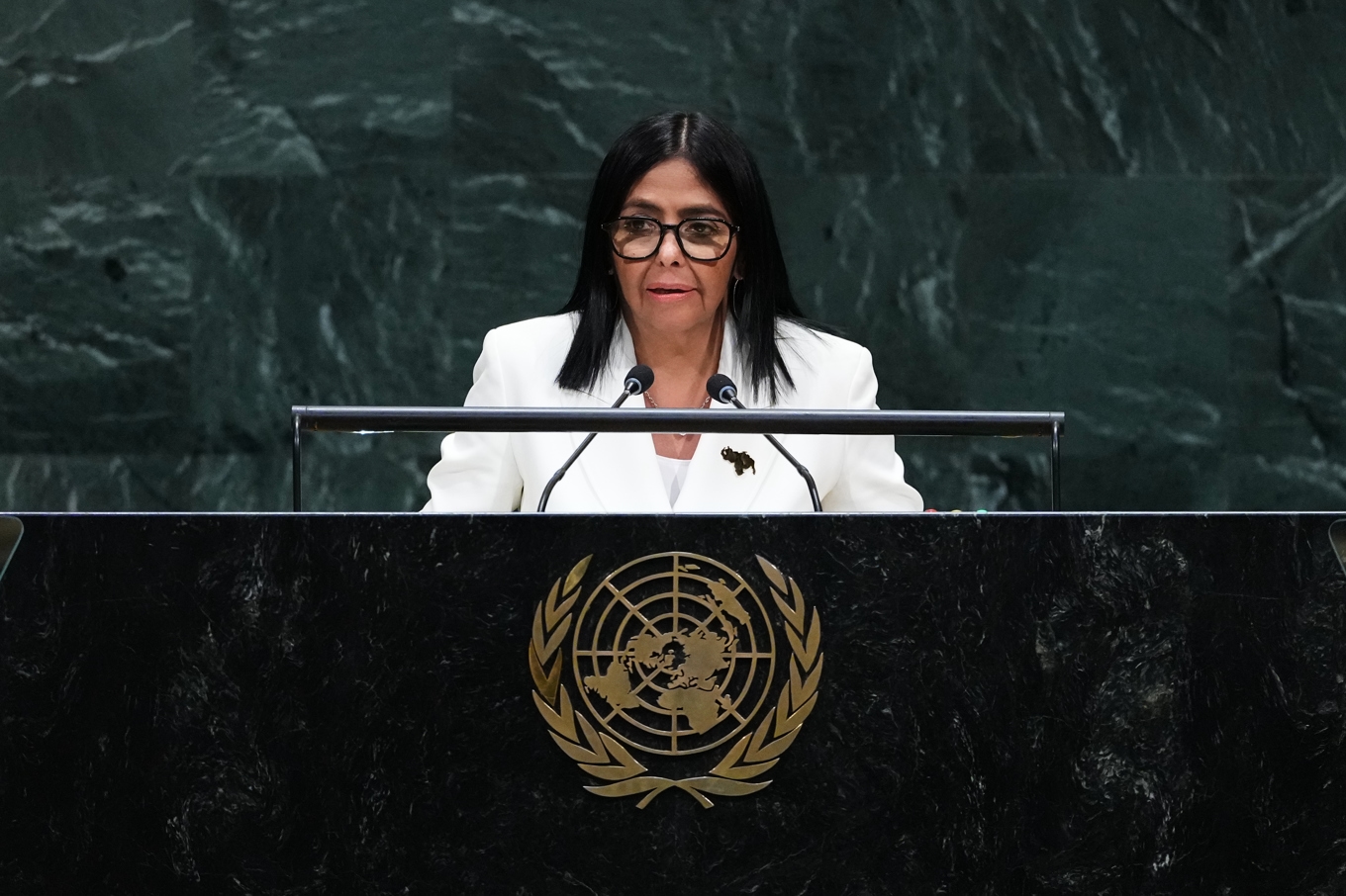 Venezuelas interimspresident Delcy Rodríguez talar i FN:s generalförsamling. Foto: Frank Franklin II/AP/TT