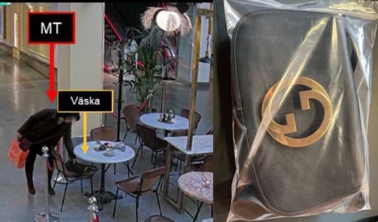 Övervakningskameror i Sturegallerian fångade när kvinnan plockade upp den kvarglömda Gucci-väskan från en stol vid ett café. Väskan, som är värd 15 000 kronor, lämnades inte in till polisen förrän fyra månader senare. Foto: Polisen