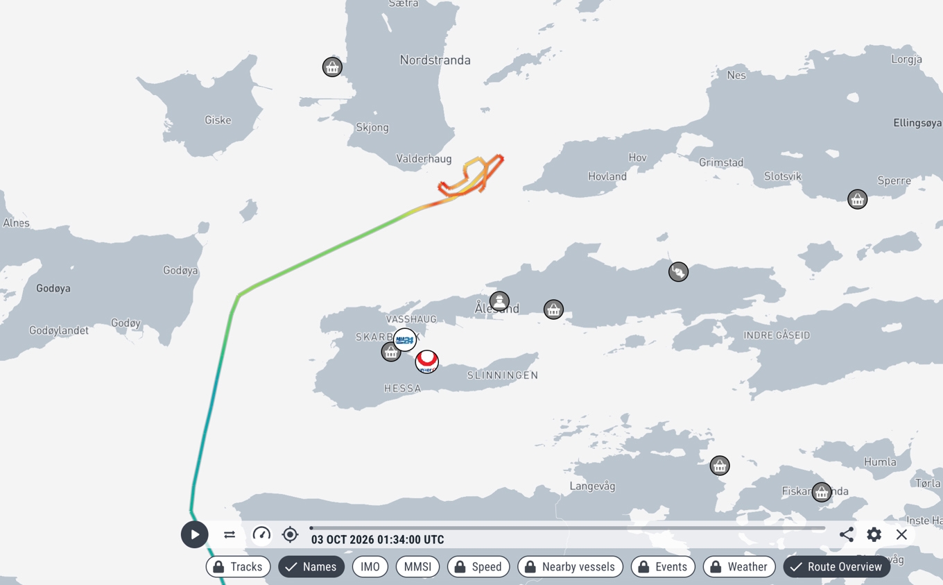 Rutten för det skepp från flottan som skickats till olycksplatsen. Foto: marinetraffic.com/NTB/TT
