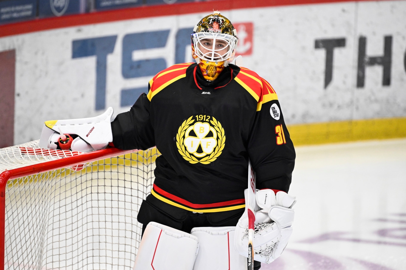 Brynäs målvakt Erik Källgren blev påkörd av Djurgårdens Noel Gunler och fick avbryta SHL-matchen. Arkivbild. Foto: Jessica Gow/TT