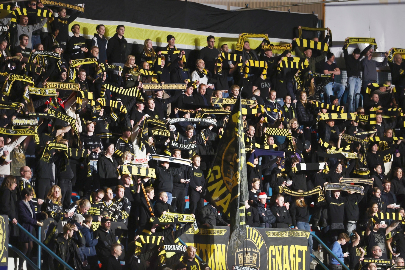 AIK har tvingats böta två gånger efter att publiken haft flaggor med sig trots förbud under de första fem matcherna. Foto: Nils Petter Nilsson/TT