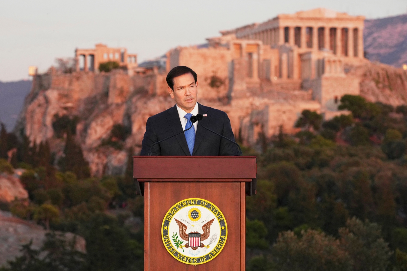 USA:s utrikesminister Marco Rubio höll i förra veckan ett tal i Aten där han pekade på den västerländska civilisationens unika drag och varnade för att många i dag arbetar för dess utplåning. Foto: Mark Schiefelbein/Getty Images