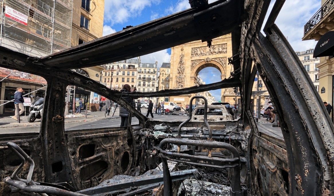 En utbrunnen bil vid monumentet Porte Saint-Denis i Paris den 18 oktober 2026, dagen efter att våldsamma protester och omfattande förstörelse drabbat den franska huvudstaden. Foto: Etienne Fauchaire