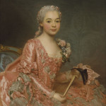 Okänd kvinna (kallad Baronessan de Neuborg-Cromière), 1756. Förmodat porträtt av en baronessa i rokokons färgstil. Iförd blekt rosa klänning och silvergrå spets, hållandes en mask och solfjäder. (Foto:Nationalmuseum)