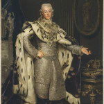 Gustav III, 1777. Gustav den III i kröningsdräkt. Med silvertronen i bakgrunden pekandes mot regalierna. Denna målning var ämnad för Gripsholms slott. (Foto:Erik Cornelius/Nationalmuseum)