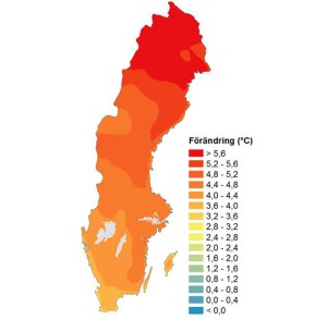 Enligt SMHI:s länsvisa rapporter kan temperaturen öka i Sverige med upp till sex grader vid nästa sekelskifte. Bilden är resultatet av ett beräkningsscenario där utsläppen av växthusgaser inte begränsats. (Illustration: SMHI)
