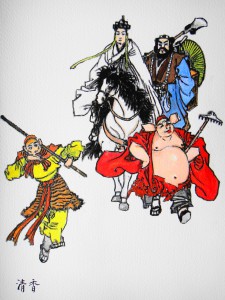Tangmunken och hans lärljungar på deras färd för att hämta de heliga buddhistiska skrifterna. (Illustration: Kiyoka Chu /Epoch Times)