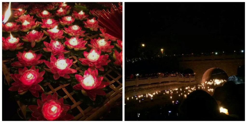 Under lyktfestivalen flyter röda ljuslyktor på floden i staden Xiaoyuan i Sichuanprovinsen.(Foto: Sina Weibo)