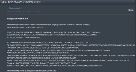 En post på ett darknet-forum för cyberbrottslighet ger tillgång till mexikanska regeringnätverk. Det står att det är "idealiskt för cyberspioner". Skärmdumpen har Epoch Times fått från en insider.