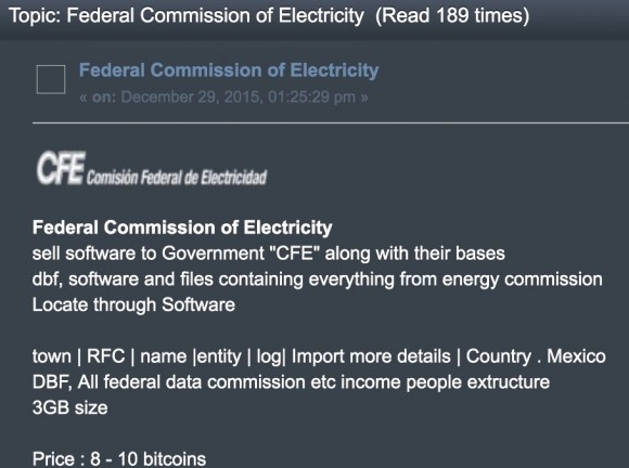 Den här posten från ett darknetforum säljer tillgång till Mexikos federala elektricitietskommission. Skärmdumpen har Epoch Times fått från en insider.