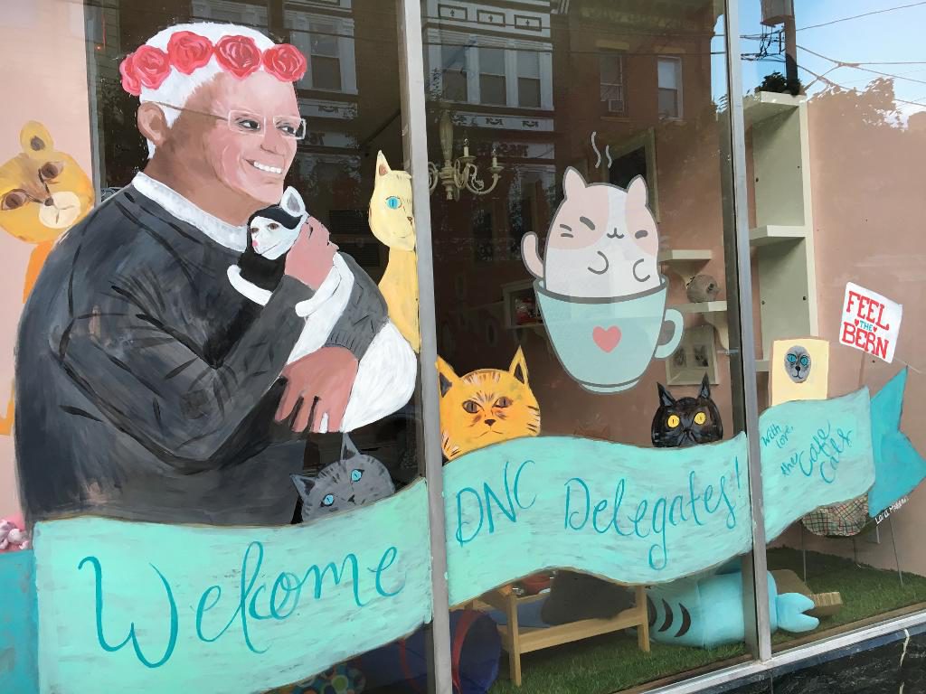 Ett kattkafé i Philadelphia i USA, där Demokraterna håller partikonvent, visar sitt stöd för Vermontsenatorn och tidigare presidentaspiranten Bernie Sanders. (Foto: Helena Gustavsson/TT)