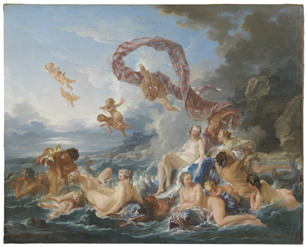 François Boucher, Venus triumf, 1740. Målningen skildrar myten om Venus födelse. Venus var kärlekens gudinna. Ur skummet som bildades efter en svallvåg steg hon enligt legenden ur havet. Havsnymfer förde henne till ön Cythere, varifrån hon allt sedan dess har regerat över kärlek, lust och passion bland gudar och människor. (Cecilia Heisser/Nationalmuseum)