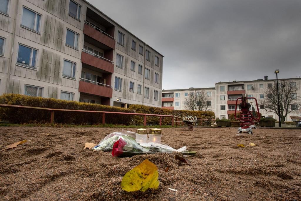 Blommor till minne av personer som sköts ihjäl i Göteborg i januari i fjol.  (Foto: Björn Larsson Rosvall/TT-arkivbild)