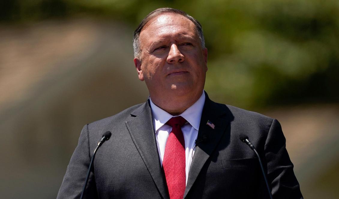 USA:s utrikesminister Mike Pompeo talar vid Richard Nixon Presidential Library i Yorba Linda i Kalifornien den 23 juli 2020. Foto: Ashley Landis/POOL/AFP via Getty Images