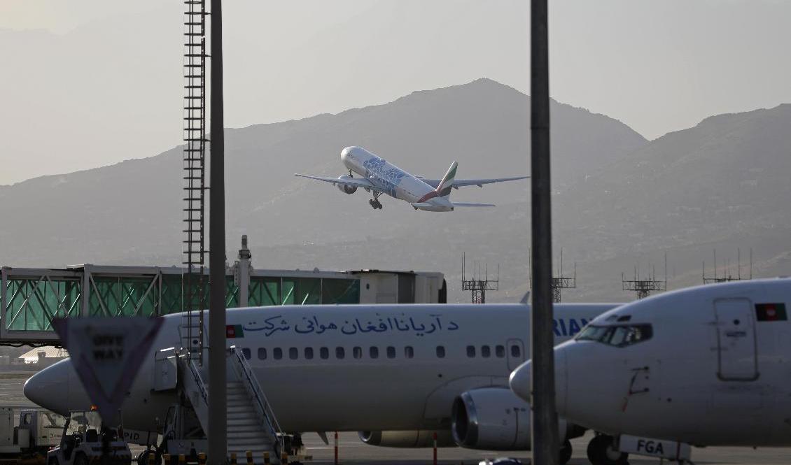 Ett plan lyfter från flygplatsen i den afghanska huvudstaden Kabul den 4 juli. Nu stoppar Finland alla avvisningar till landet. Foto: Rahmat Gul/AP/TT