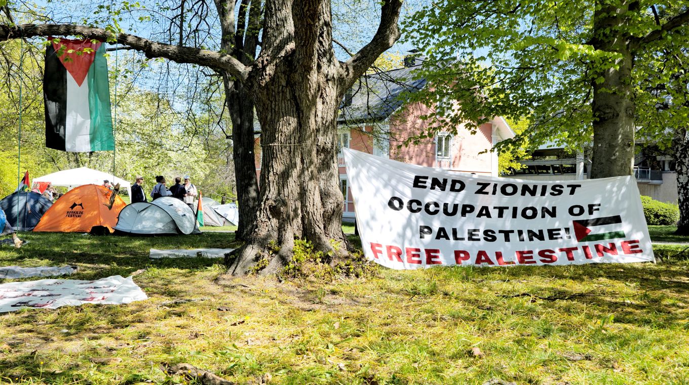 Demonstranter vid Stockholms universitet den 14 maj. Tältlägerprotesterna följer ett internationellt mönster från amerikanska lärosäten. Foto: Marcus Strand