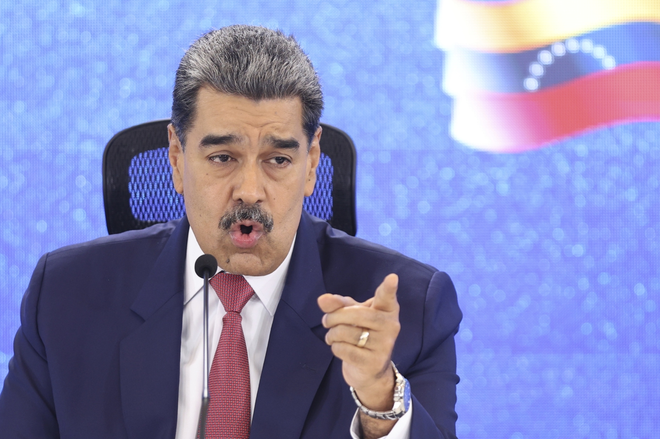 Venezuelas president Nicolás Maduro under en presskonferens på måndagen. Foto: Jesus Vargas/AP/TT
