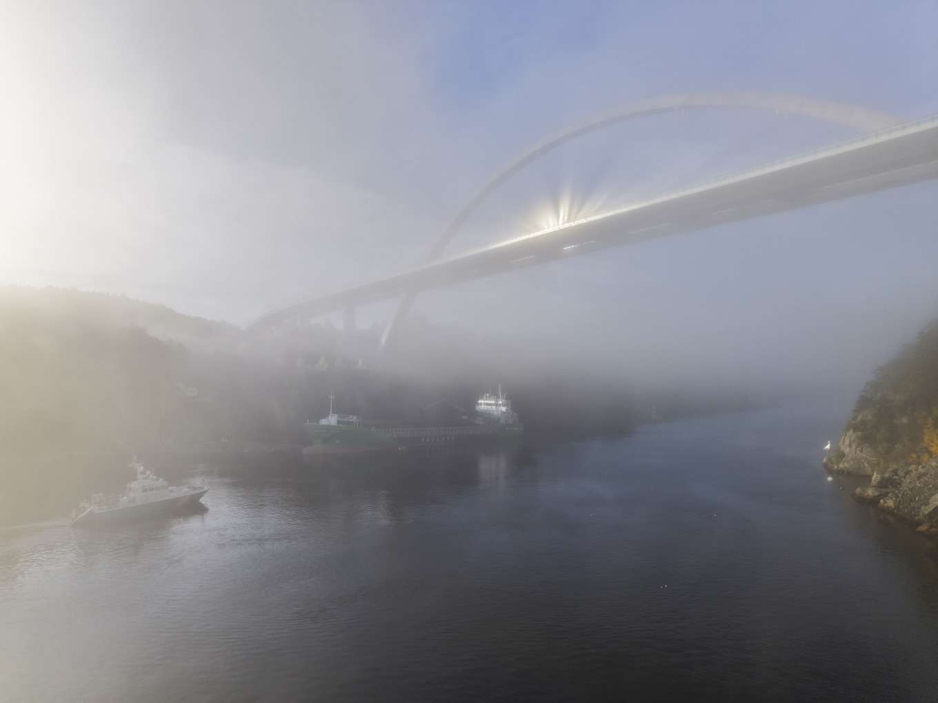 Det norska fartyget Hagland Captain, lastat med timmer, gick på grund under Svinesundsbron. Foto: Cornelius Poppe/NTB/TT