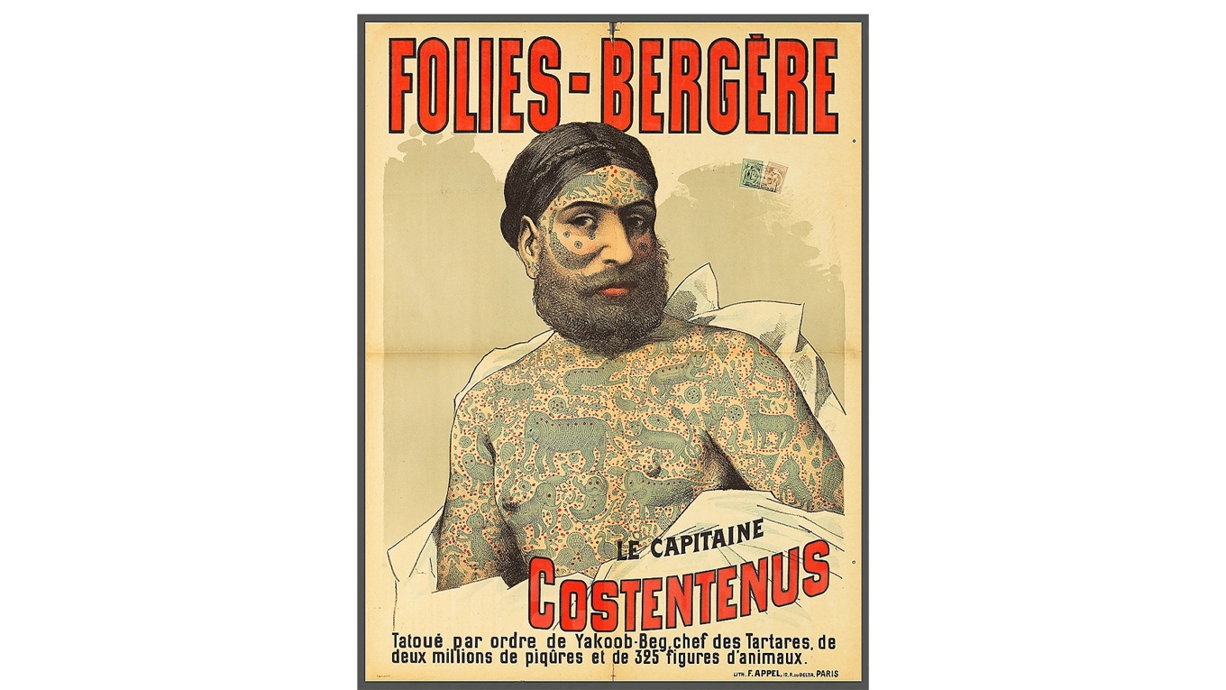 Fransk affisch från 1800-talet med ”Den tatuerade grekiske prinsen”, en cirkusartist. Konstnär okänd. Foto: Public Domain