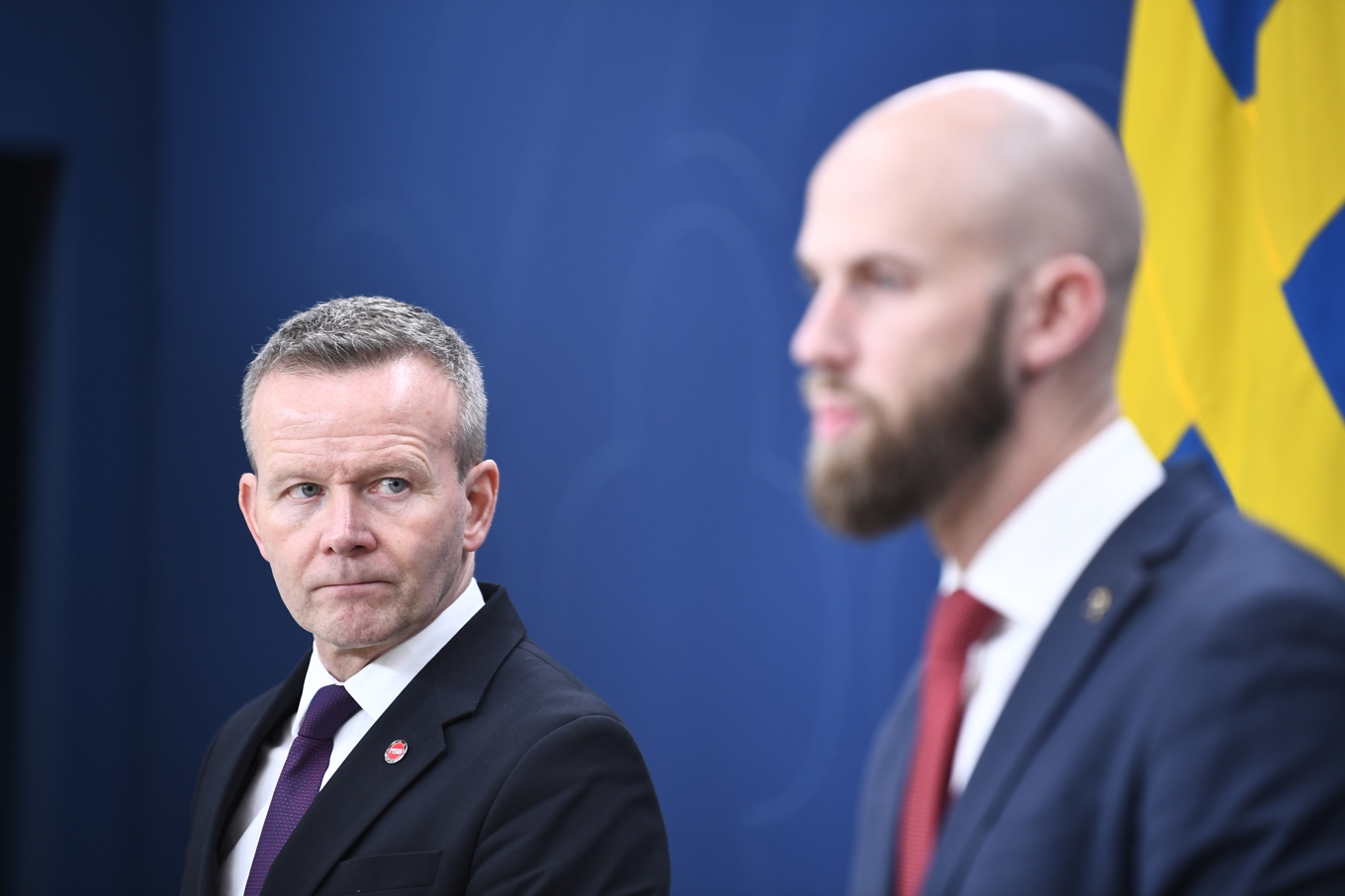 Mikael Frisell, generaldirektör för MSB, och ministern för civilt försvar Carl-Oskar Bohlin. Foto: Lars Schröder/TT