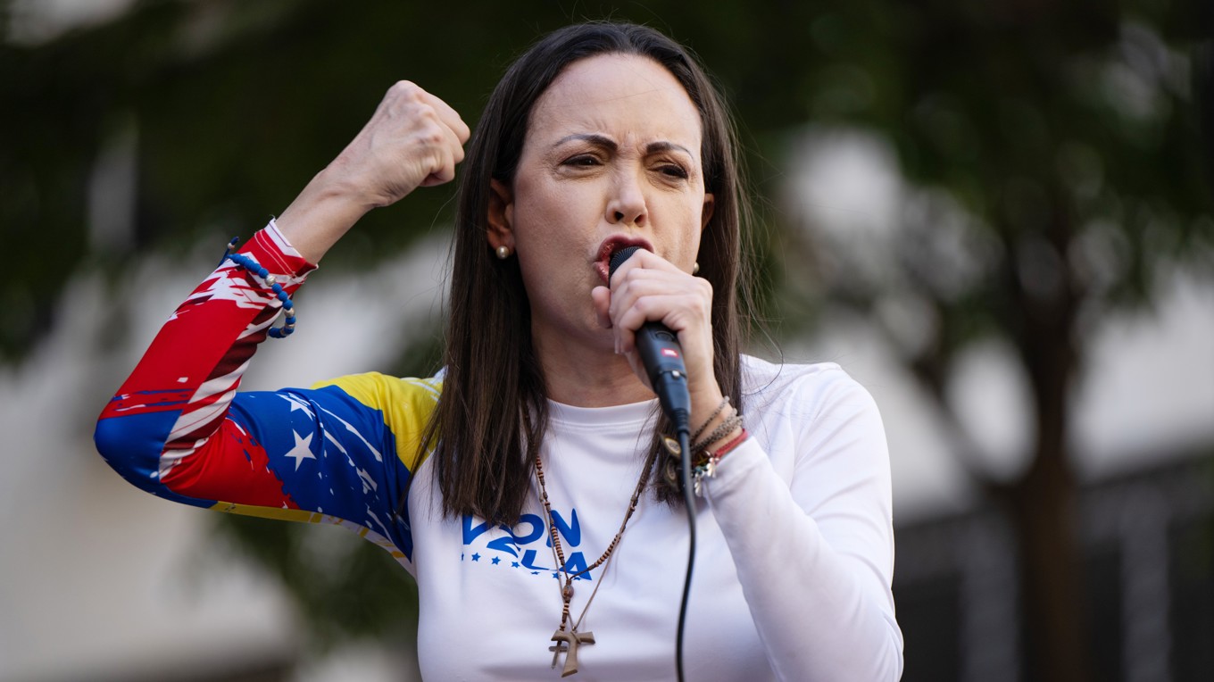 Den venezuelanska oppositionsledaren Maria Corina Machado håller ett tal i Caracas den 9 januari 2025 i Caracas. Foto: Alfredo Lasry R/Getty Images